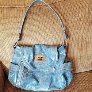 Kathy Van Zeeland KVZ Metallic Stylish Blue Crocodile Pattern Shoulder Bag Y2K